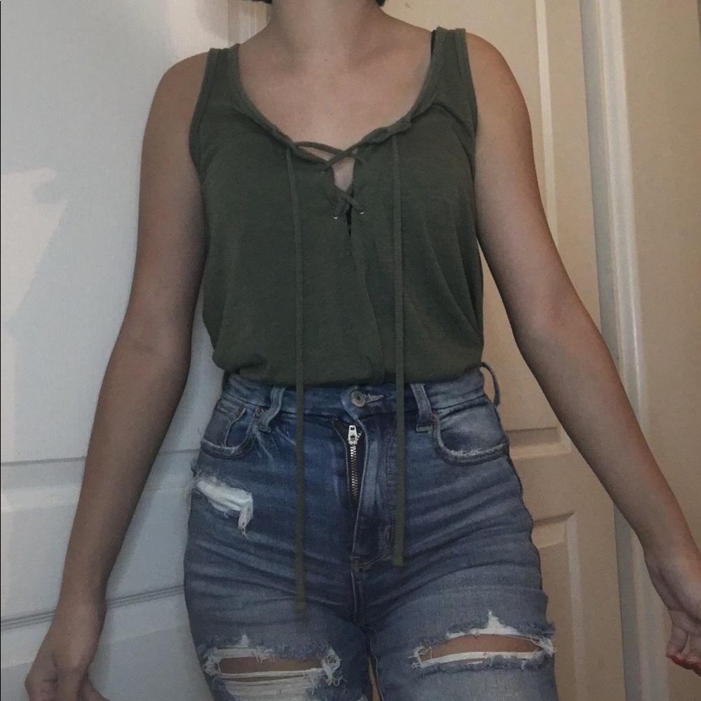 Lace up green tank top